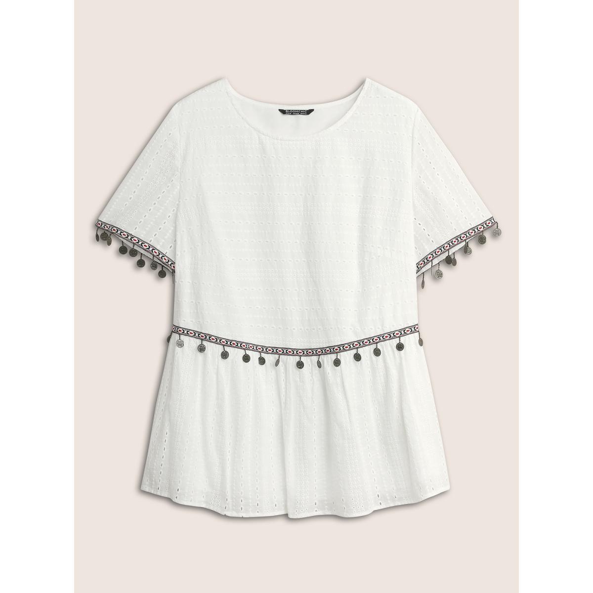 Plus Size White Broderie Anglaise Patchwork Tassel Trim Blouse Women Resort Short sleeve Round Neck Vacation Blouses BloomChic 10/M Product Image