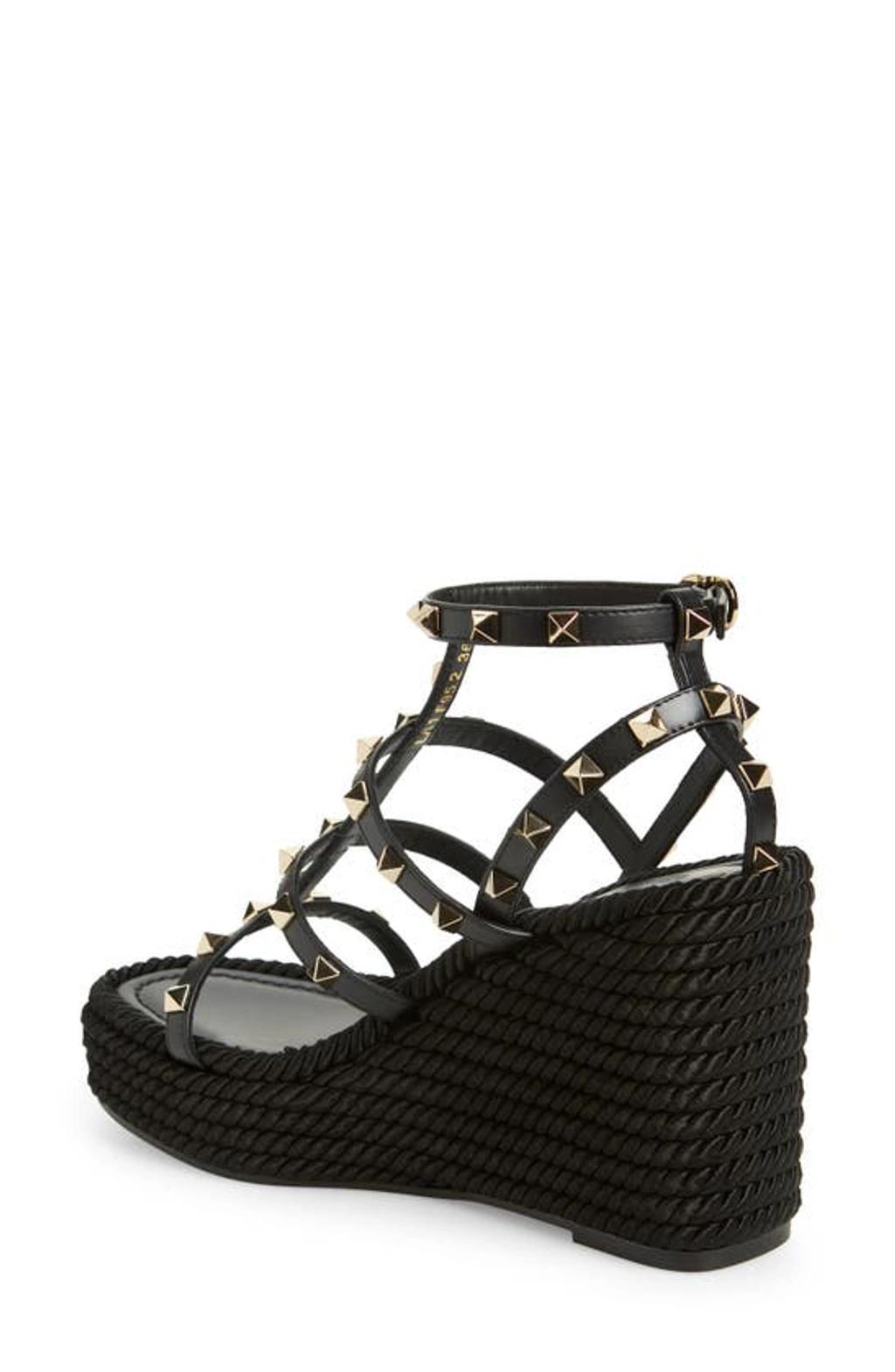 VALENTINO GARAVANI Rockstud Metallic Leather Wedge Espadrilles In Black Product Image