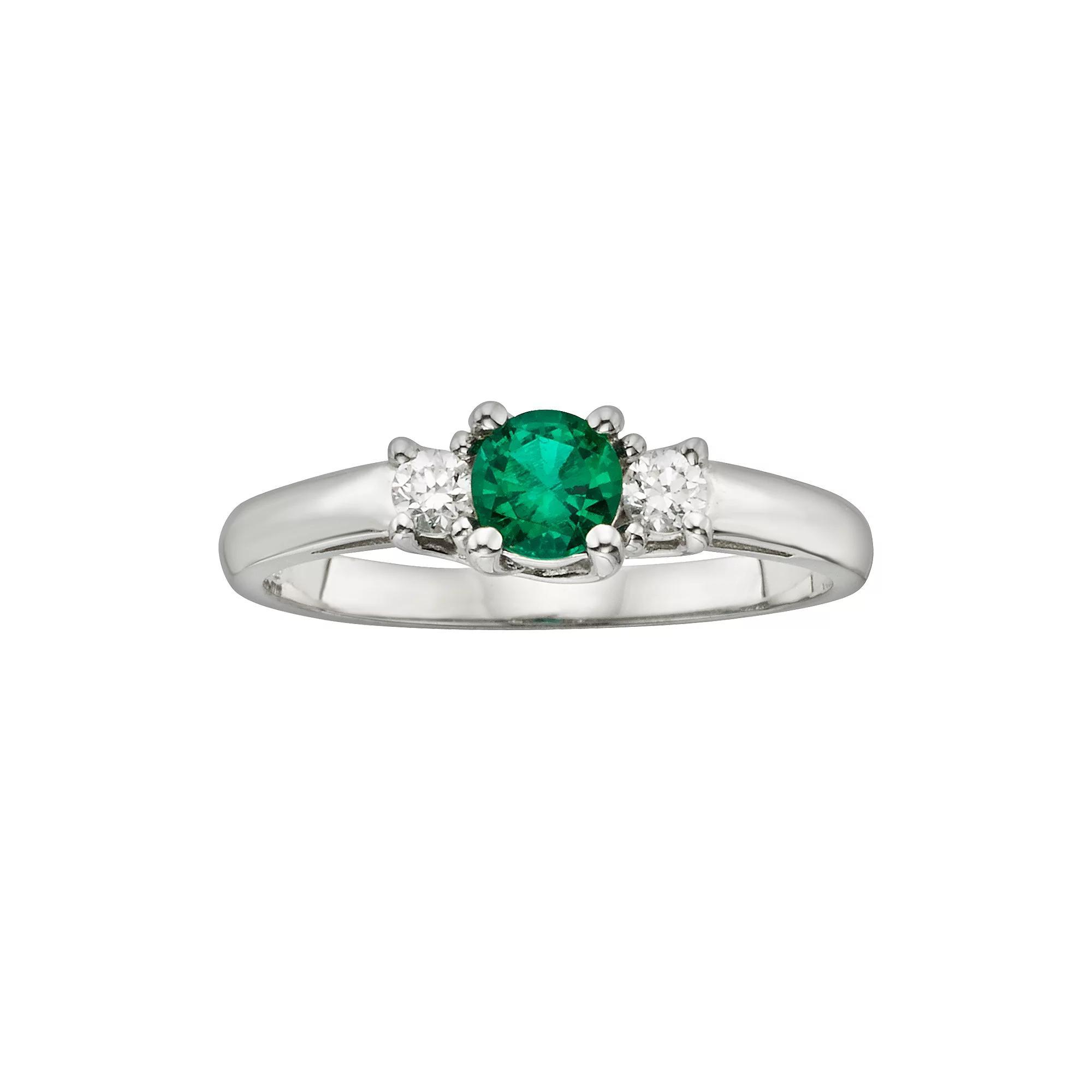 The Regal Collection 14k White Gold Genuine Emerald & 1/6-ct. T.W. IGL Certified Diamond 3-Stone Ring, Womens Green Product Image