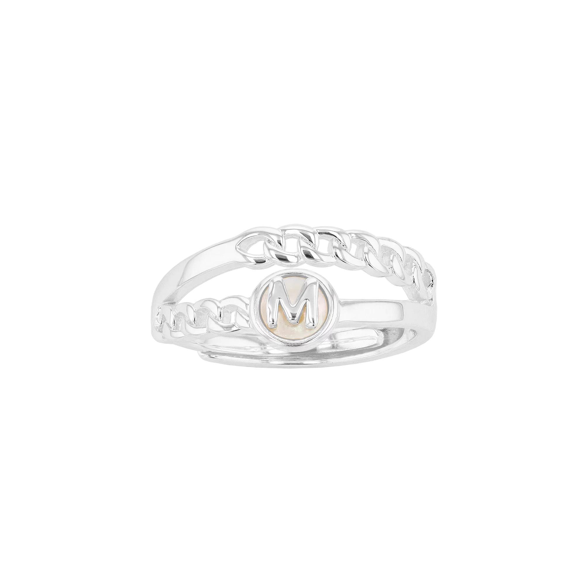 City Luxe Silver Tone Mother-of-Pearl Initial Disk Chain Band Ring, Women's Product Image