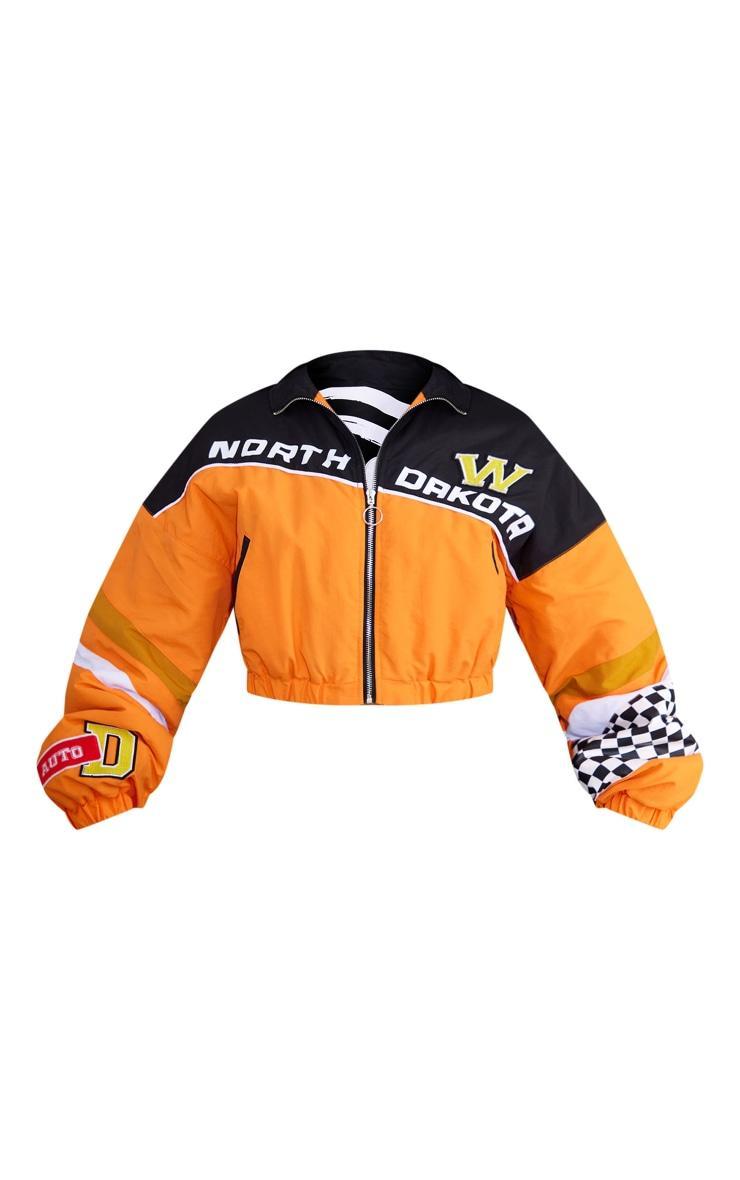 Orange Cropped Oversized Graphic Zipped Racer Bomber Jacket Product Image