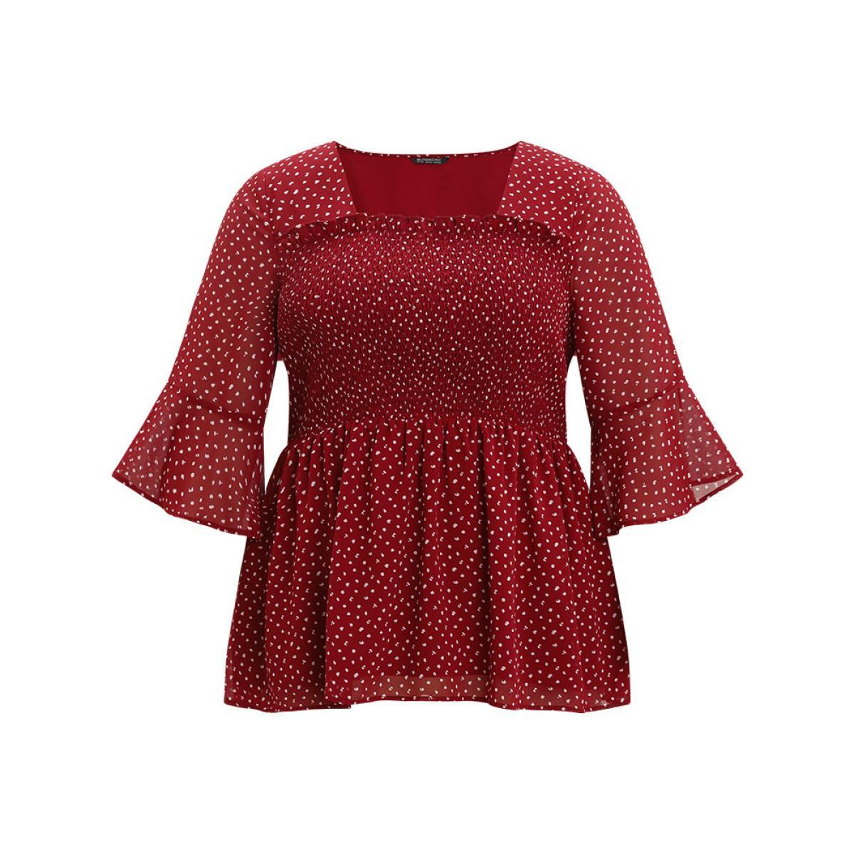 Plus Size Scarlet Leopard Print Frill Trim Shirred Mesh Square Neck Blouse Women Elegant Elbow-length sleeve Square Neck Dailywear Blouses BloomChic 30/6X Product Image