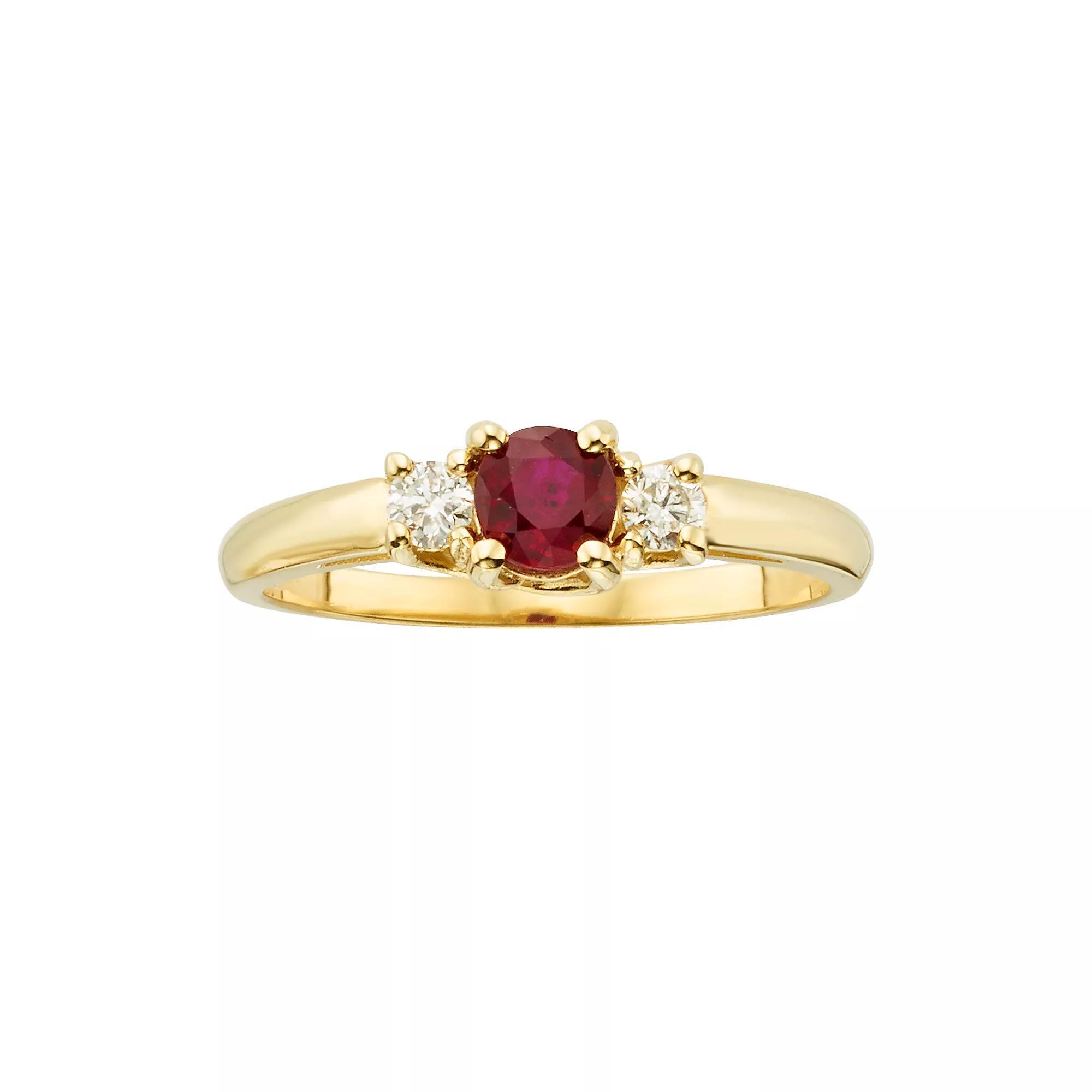 The Regal Collection 14k Gold Genuine Ruby & 1/6-ct. T.W. IGL Certified Diamond 3-Stone Ring, Womens, Red Product Image