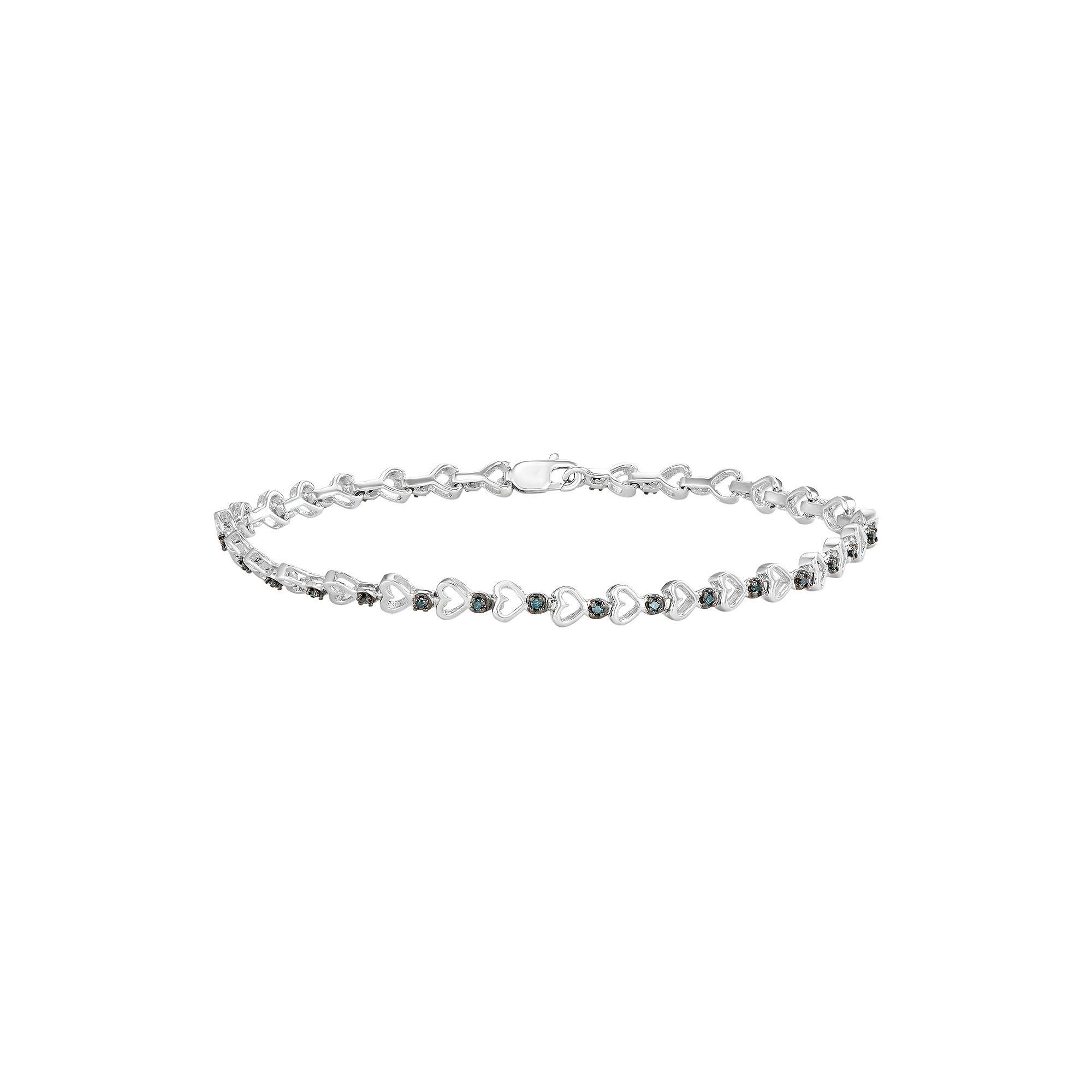 Sterling Silver 1/6 Carat T.W. Blue Diamond Heart Link Bracelet, Women's, Size: 7" Product Image