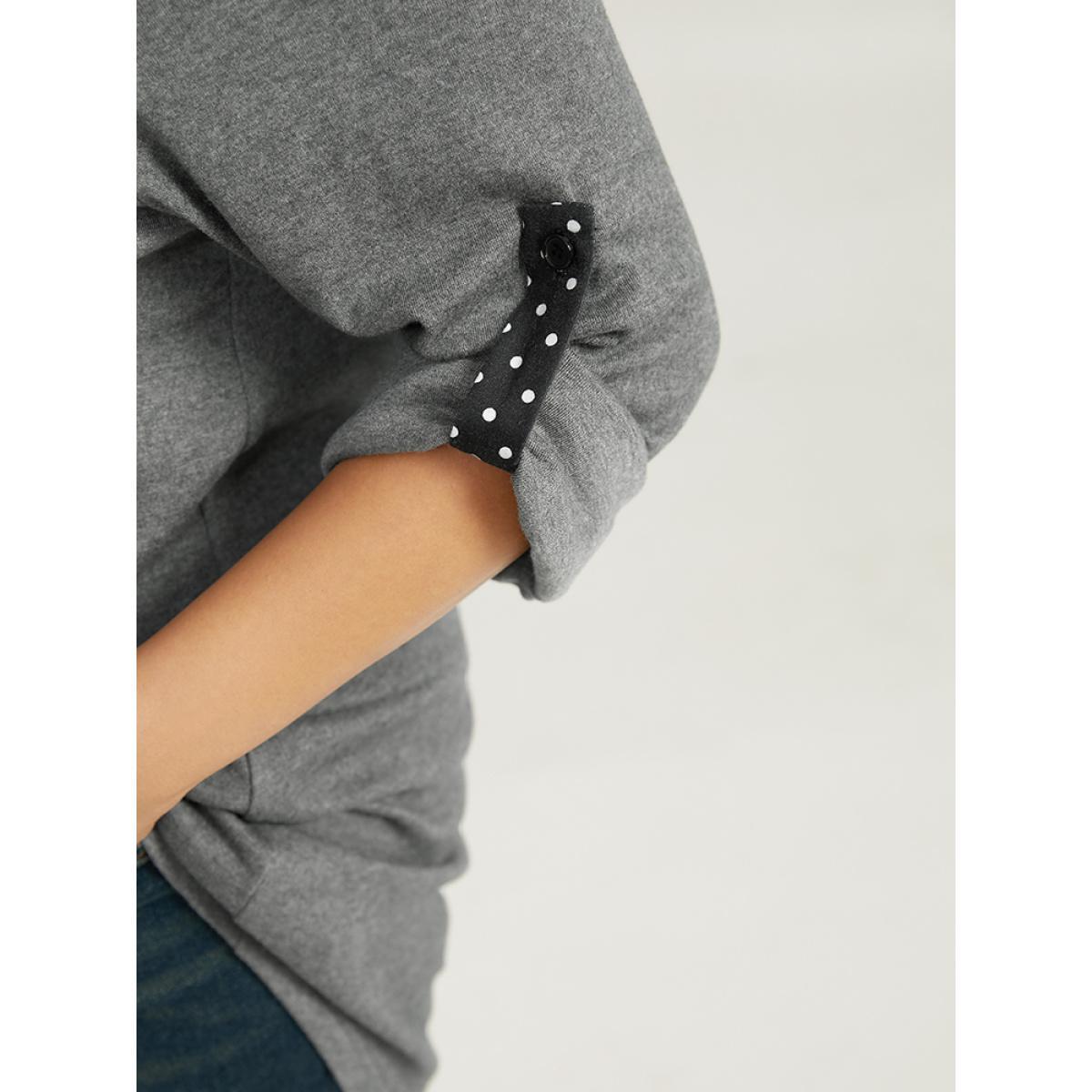 Plus Size Polka Dot Patched Pocket Tab Sleeve T-shirt DimGray Women Casual Contrast Polka Dot Round Neck Dailywear T-shirts BloomChic 28/5X Product Image