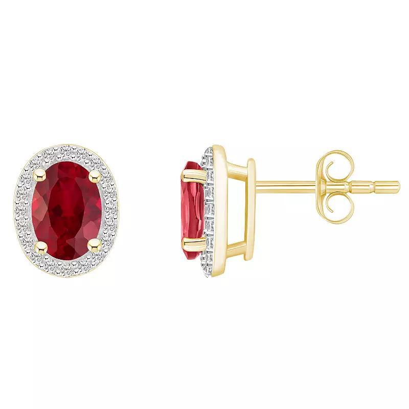 Celebration Gems 10k Gold Oval Gemstone & Lab-Created White Sapphire Halo Stud Earrings, Women's, Created Red Product Image