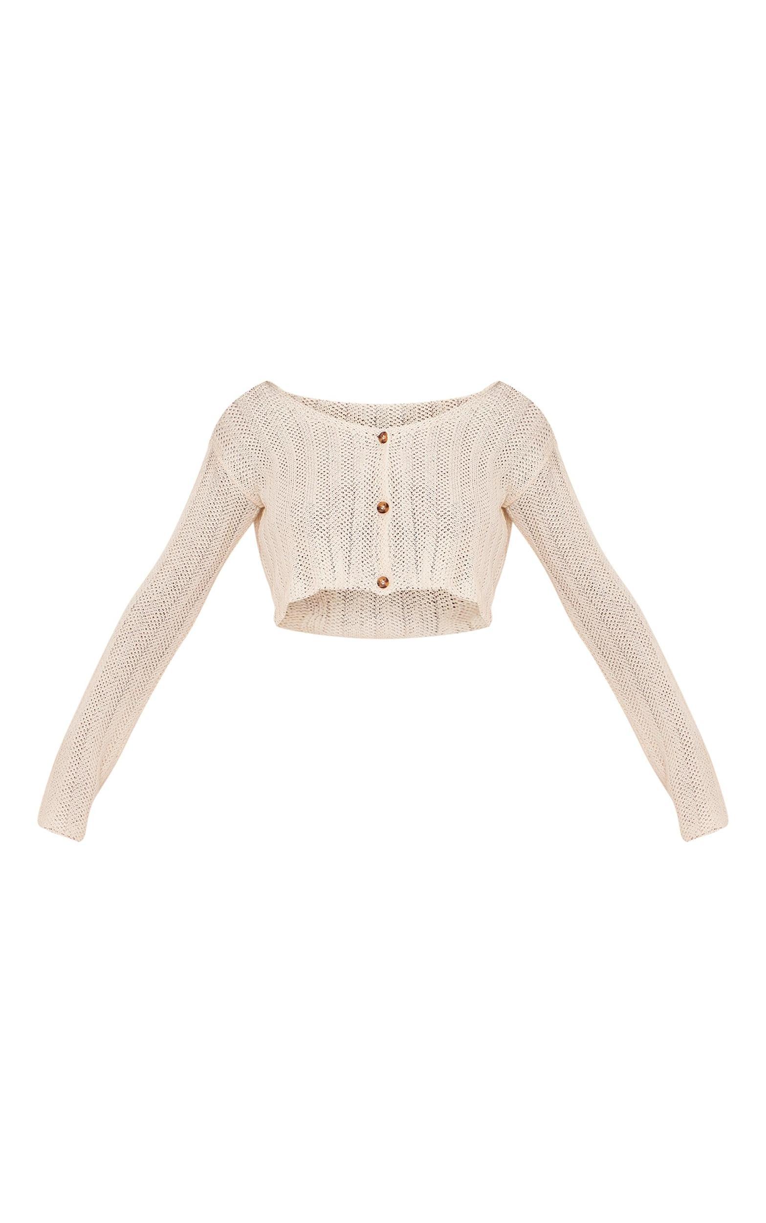Cream Textured Crochet Knit Button Up Cardigan Product Image