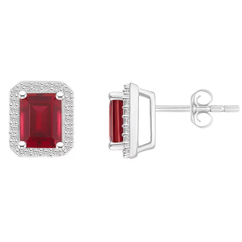 Celebration Gems 10k White Gold Emerald Cut Gemstone & Lab-Created White Sapphire Halo Stud Earrings, Women's, Created Red Product Image