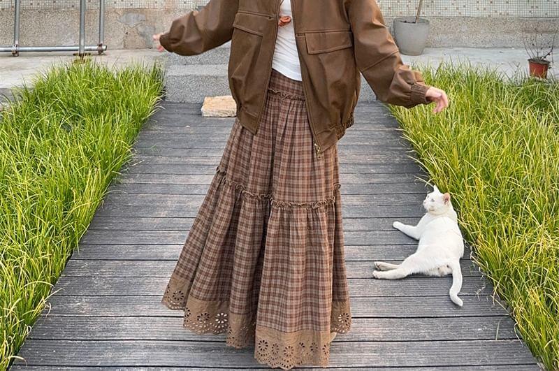 Faux Leather Zip-Up Jacket / High Waist Plaid Maxi A-Line Skirt Product Image