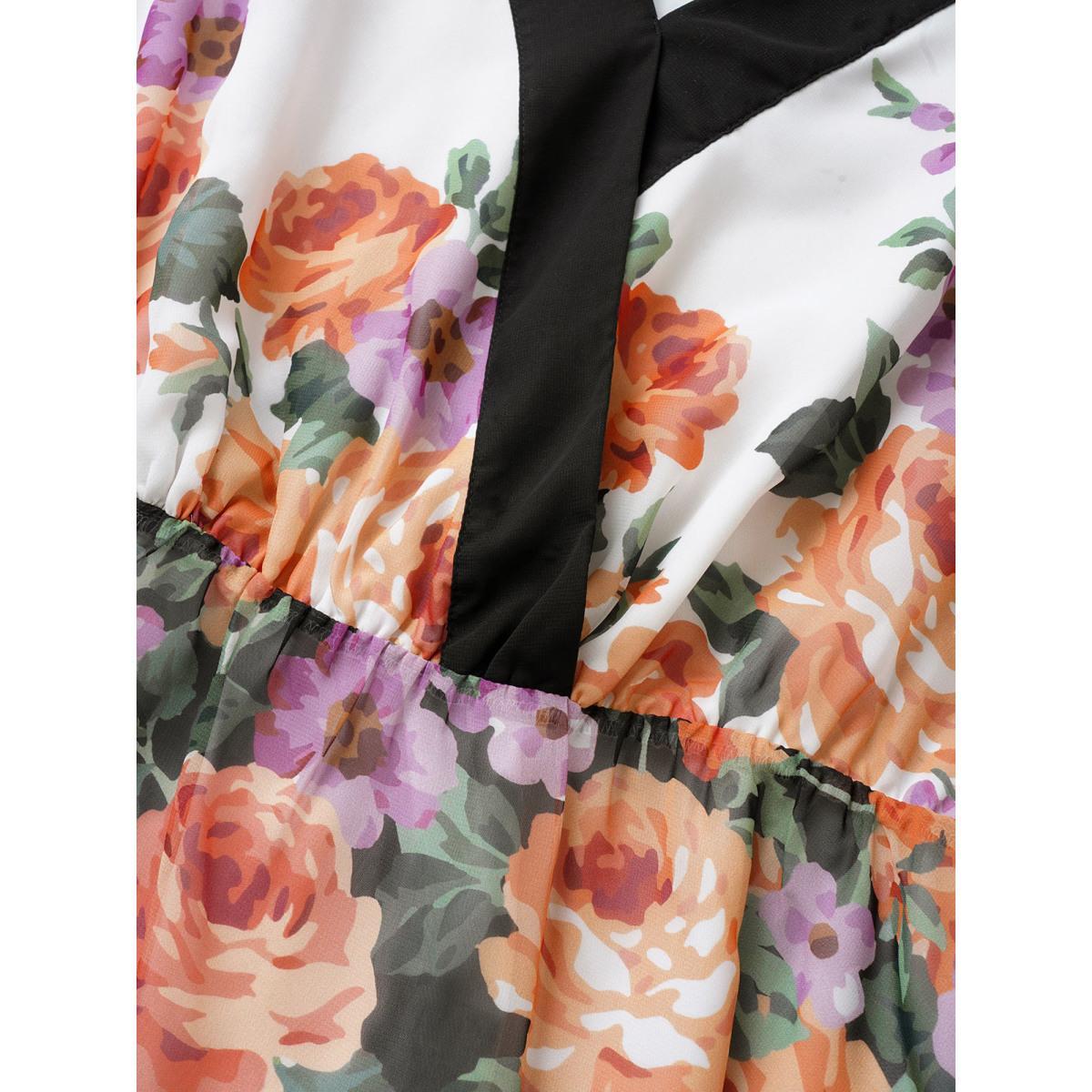Plus Size Multicolor Floral Contrast Trim Elastic Waist Flutter Sleeve Blouse Women Cocktail Half Sleeve V-neck Party Blouses BloomChic 28/5X Product Image