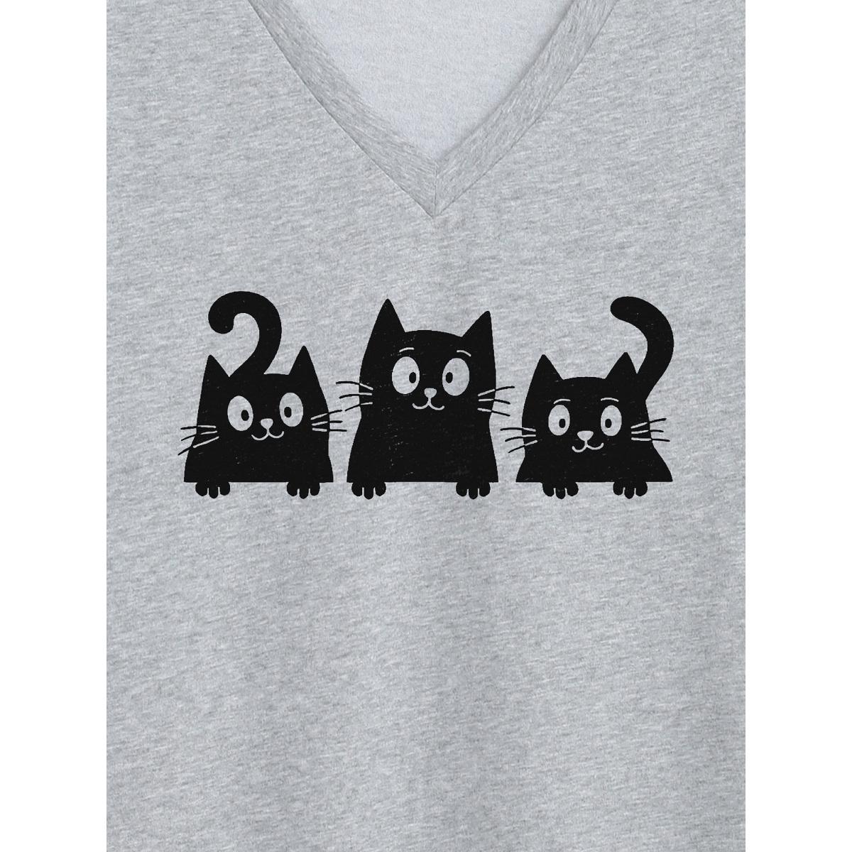Plus Size Playful Cats Pattern V-Neck T-Shirt Mediumgray Women Non Animals V-neck Everyday-Casual T-shirts BloomChic 28/5X Product Image