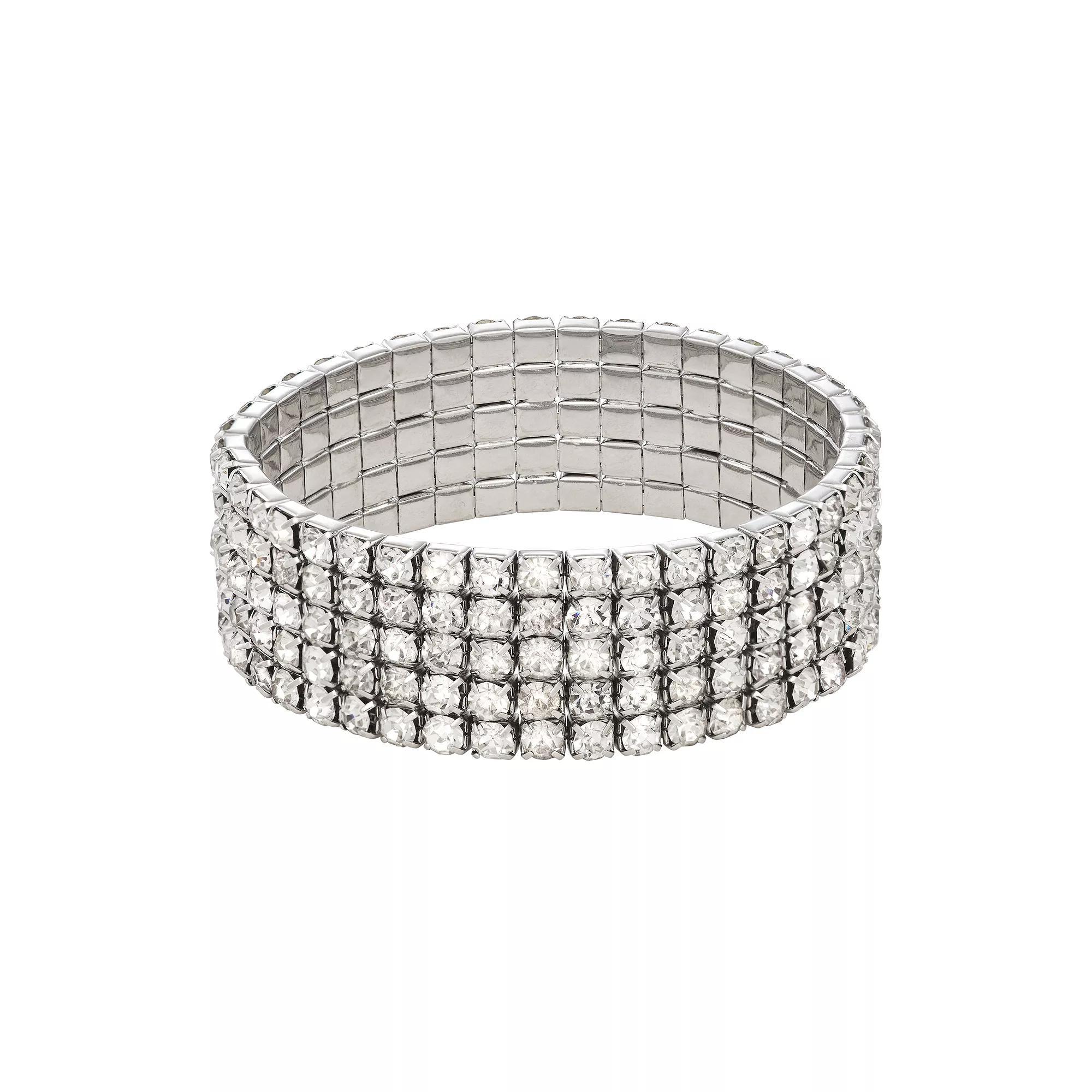 Simply Vera Vera Wang Silver Tone Simulated Crystal Wide Stretch Bracelet, Women's, Clear Product Image