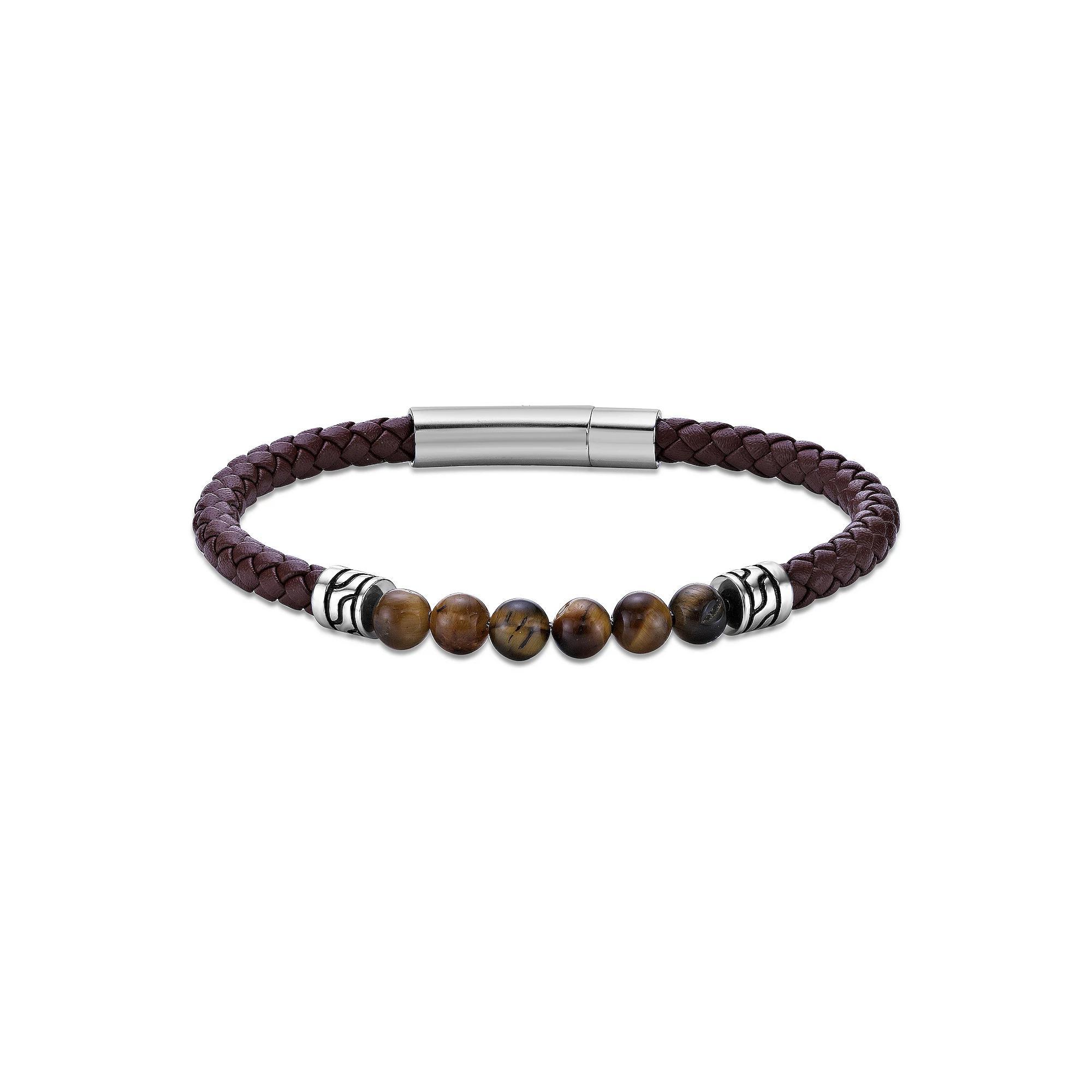 Men's LYNX Stainless Steel Stone Bead Leather Bracelet, Size: 8.5", Tiger Eye Product Image