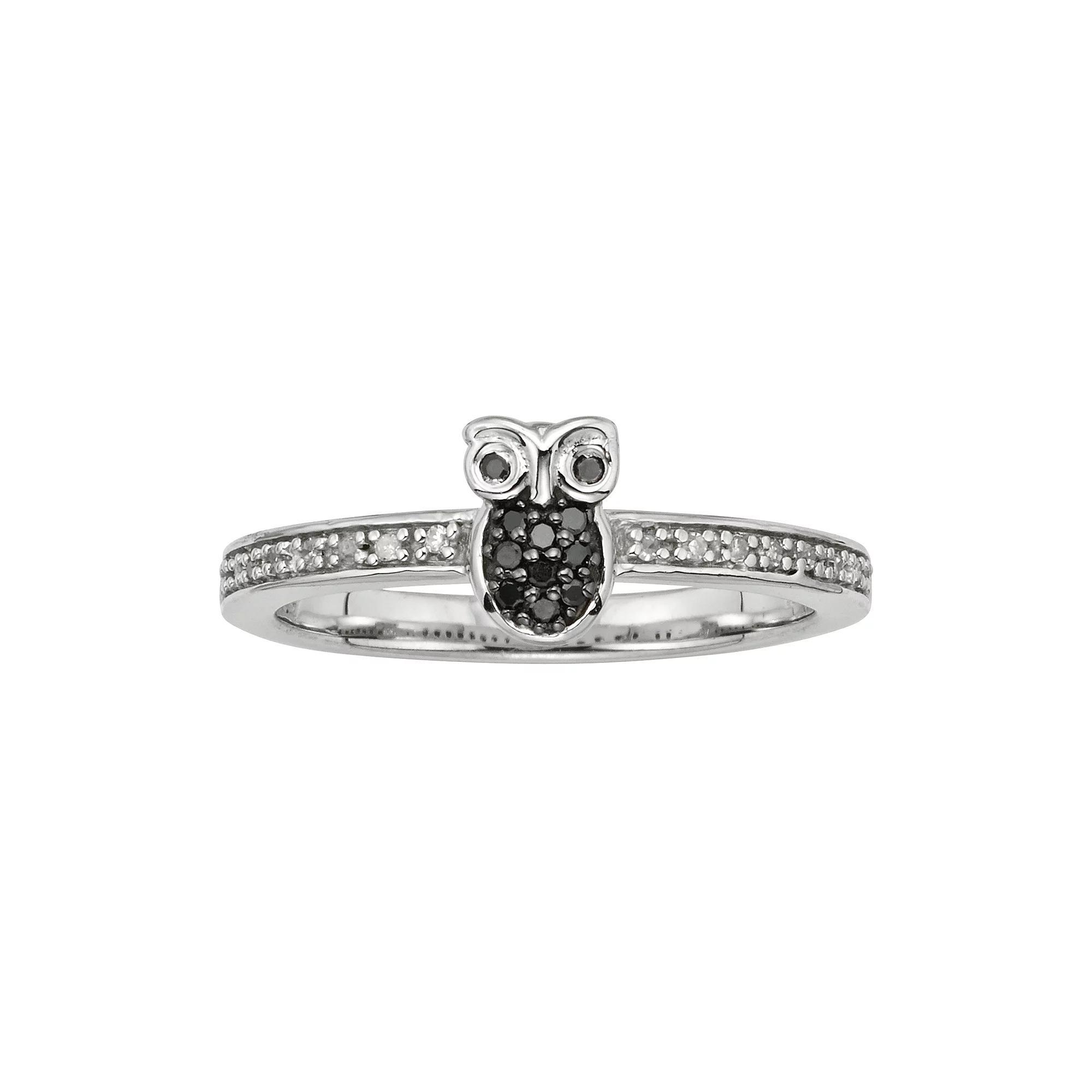 Jewelexcess Sterling Silver 1/10-ct. T.W. Black and White Diamond Owl Ring, Women's, Size: 6 Product Image