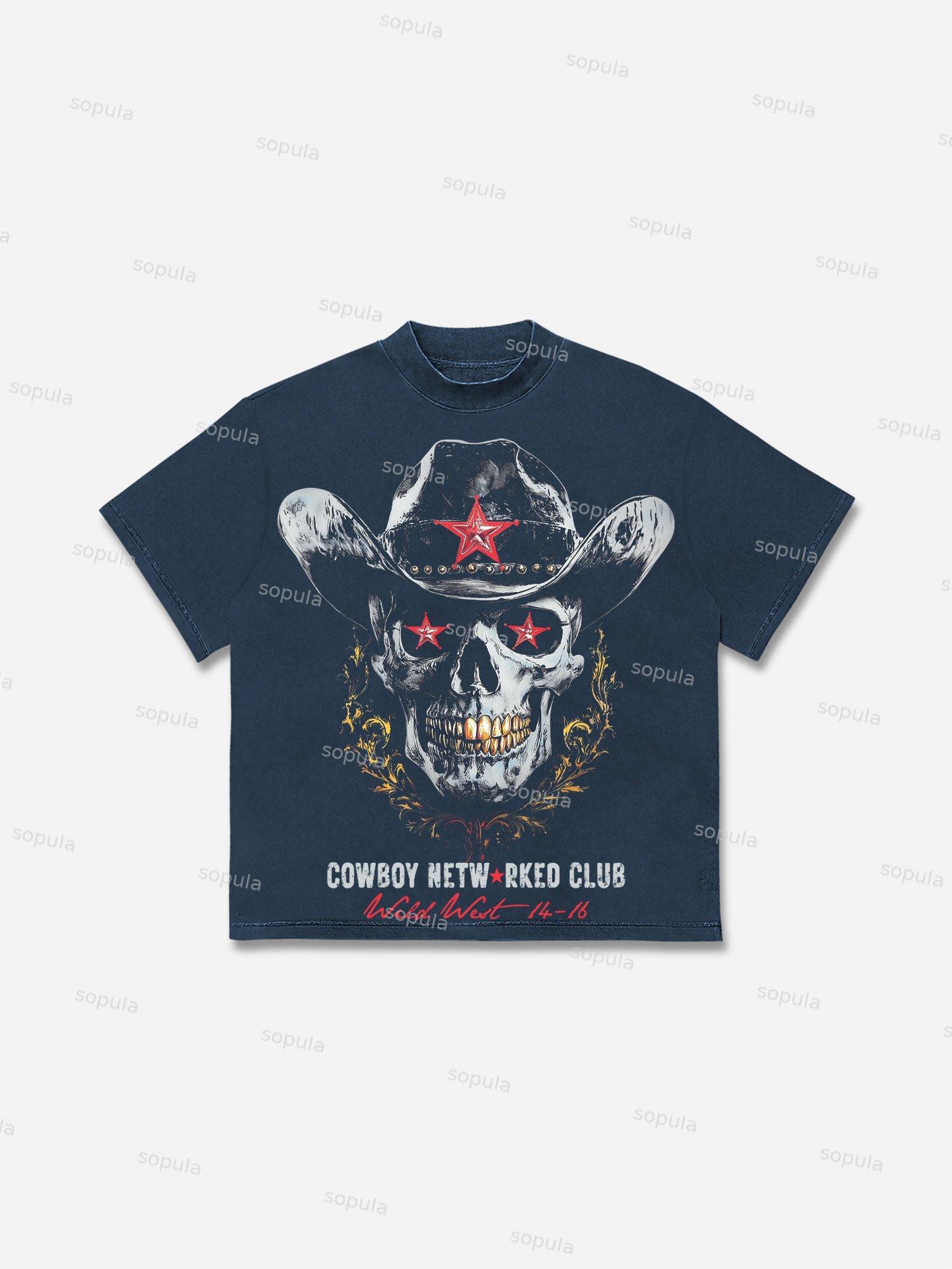 Men's Vintage Wild West Skull Graphic Cotton T-shirt Product Image