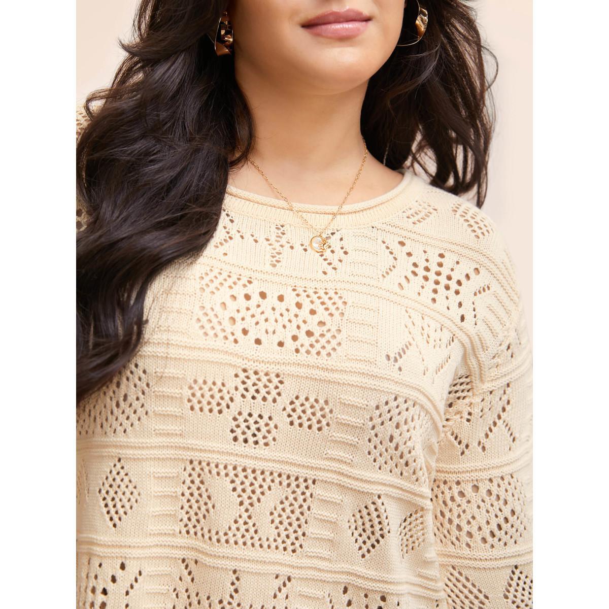 Plus Size Cotton Texture Cut Out Bell Sleeve Pullover Apricot Women Casual Long Sleeve Round Neck Everyday Pullovers BloomChic 18-20/2X Product Image