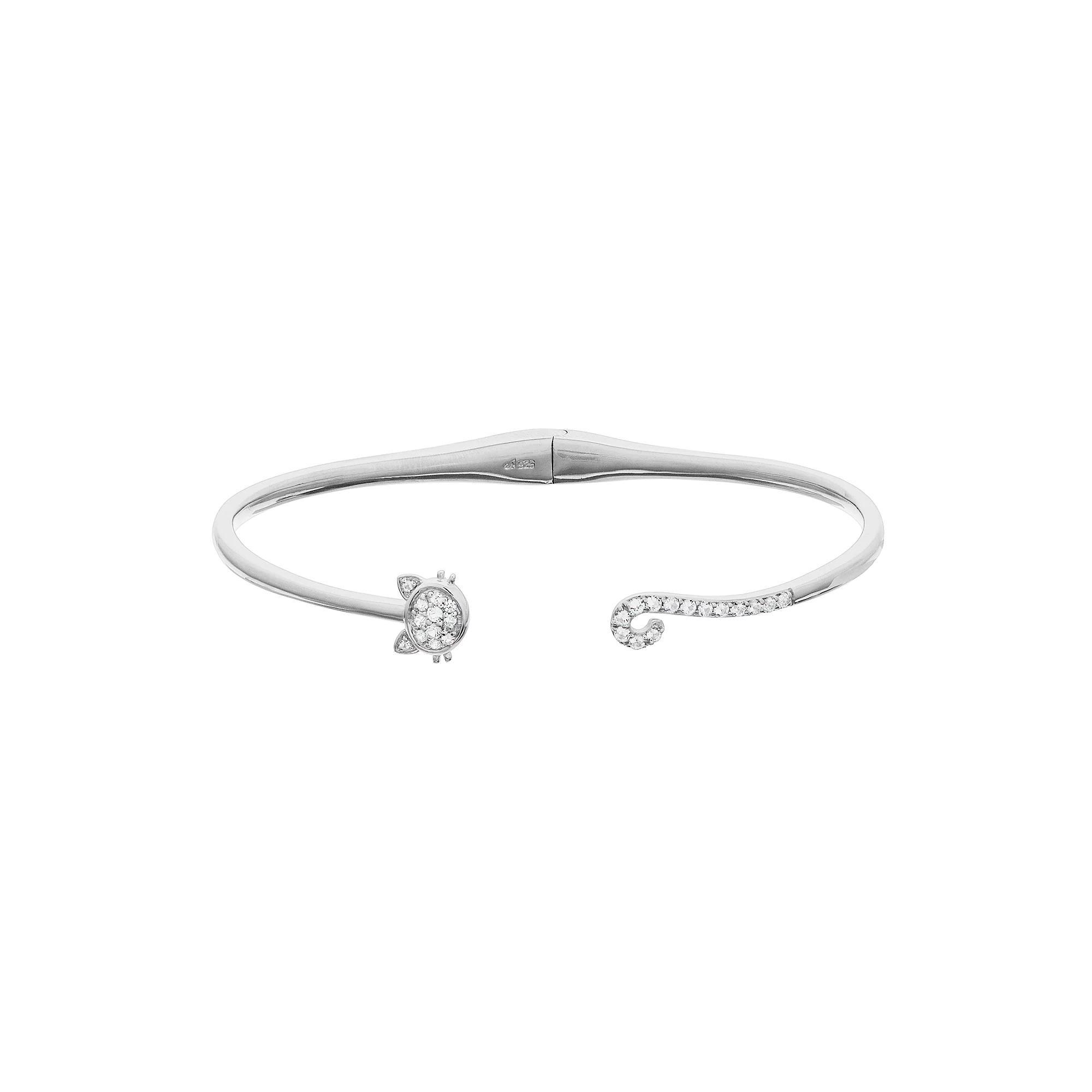 Sterling Silver Lab Created White Sapphire Cat Bangle Bracelet, Women's, Size: 7" Product Image