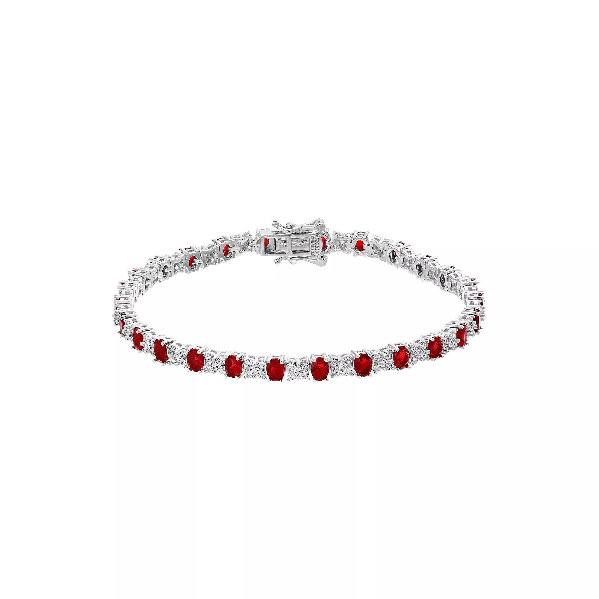 Sterling Silver Red Oval & Clear Round Cubic Zirconia Tennis Bracelet, Womens White Product Image