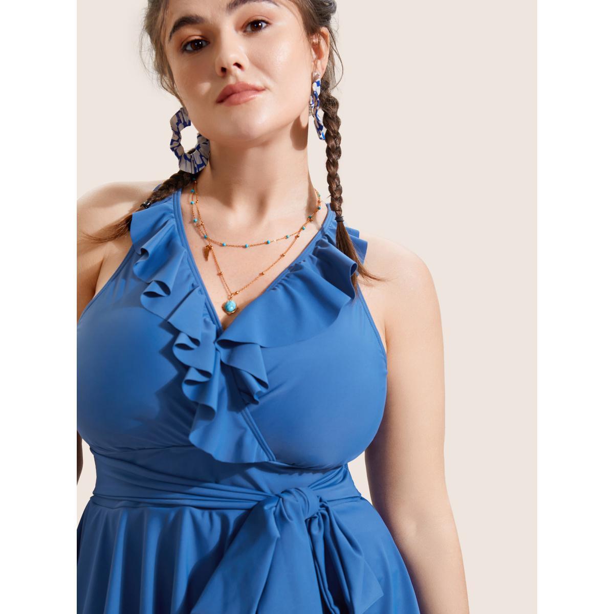 Plus Size Solid Ruffle Trim Tie Knot Swim Dress Women's Swimwear Cerulean Beach Bodycon V-neck High stretch Curve Swim Dresses BloomChic 28/5X Product Image