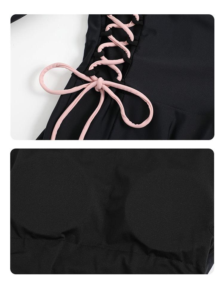 Short Sleeve Collared Bow Lace Up Frill Swimdress Product Image