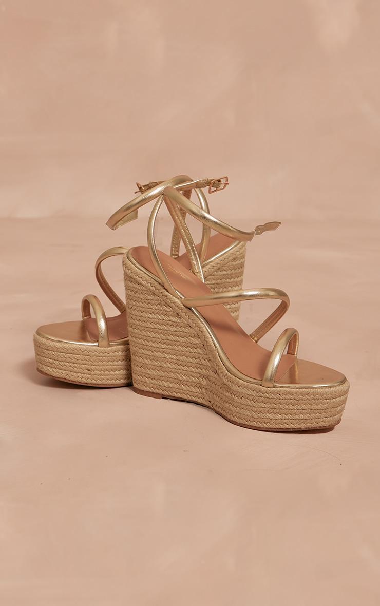 Gold Wide Fit PU Round Toe Asymmetric Strap Platform Heeled Wedges Product Image