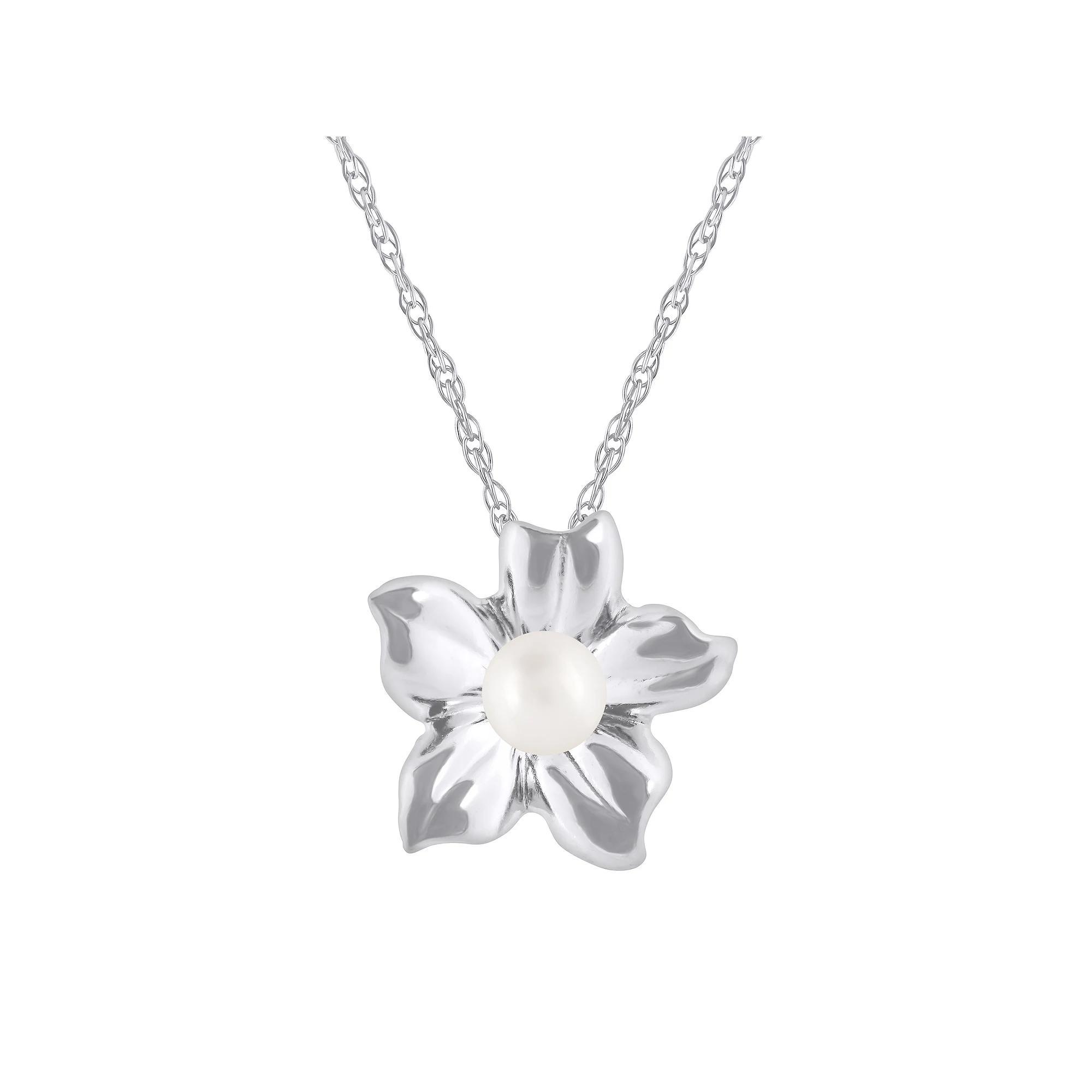 Celebration Gems 10k White Gold Sphere Gemstone Hibiscus Flower Pendant Necklace, Women's, Size: 18", Freshwater White Product Image