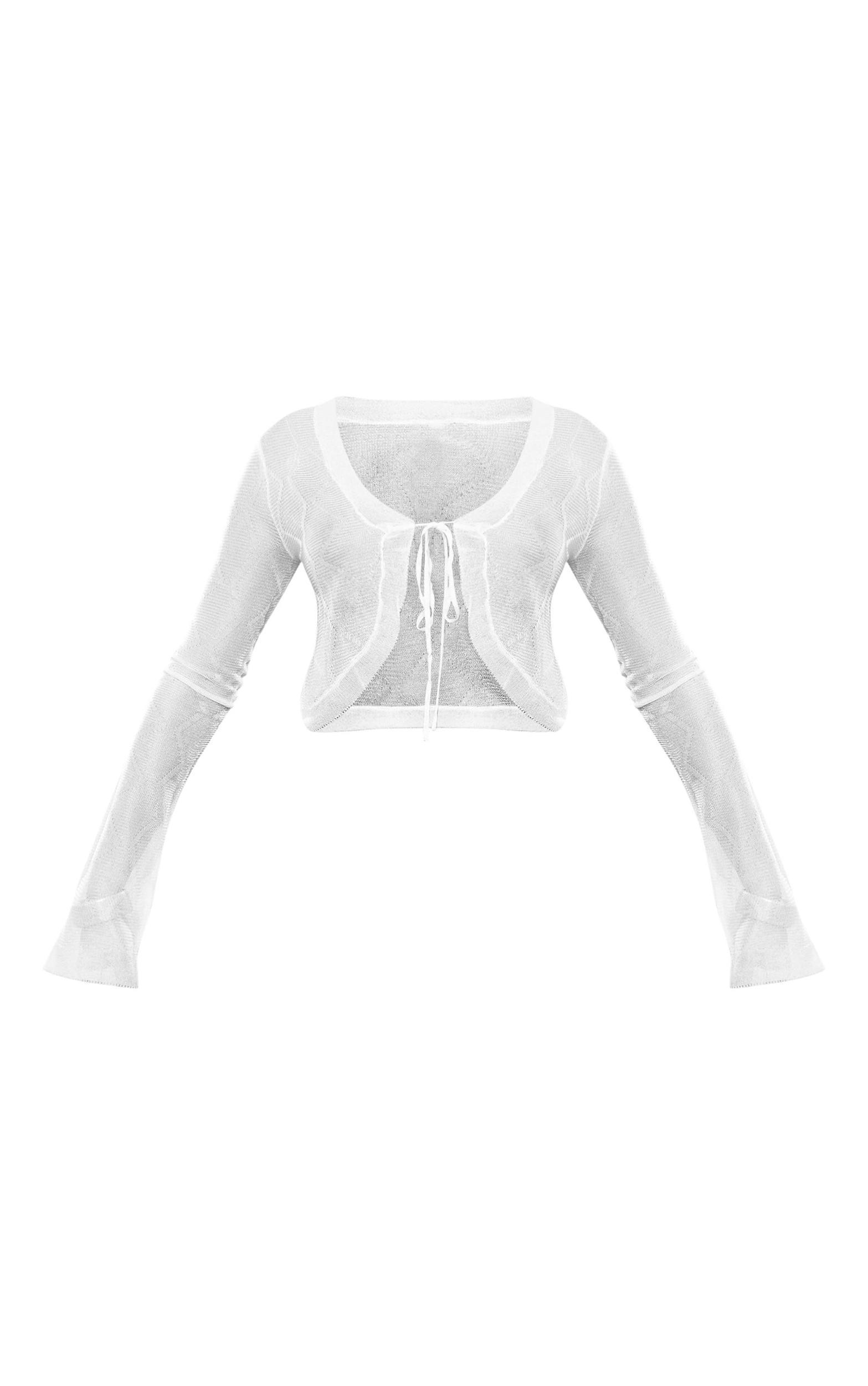 White Sheer Chrome Knit Tie Front Cardigan Product Image