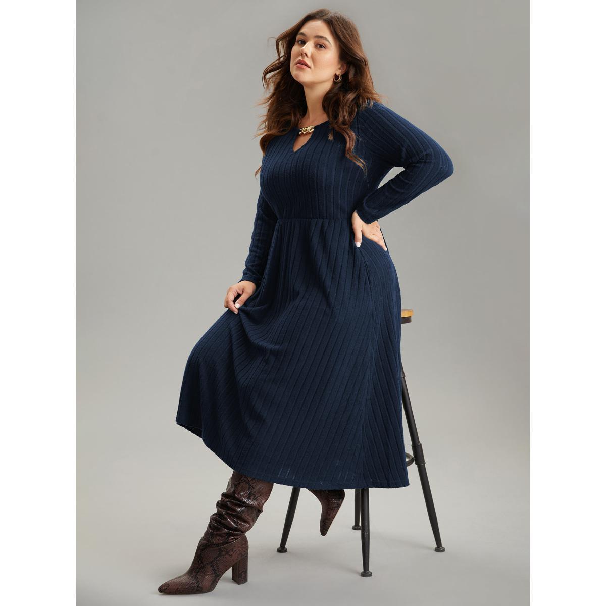 Plus Size Rib Knit Plain Notched Pocket Dress DarkBlue Women Work From Home Rib Knit Notched collar Long Sleeve Curvy Midi Dress BloomChic 28/5X Product Image