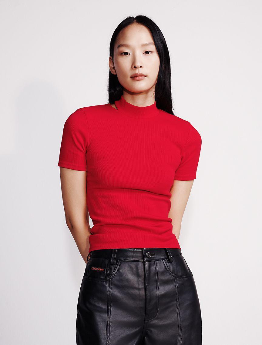Calvin Klein Women's Cut Out Slim Crewneck T-Shirt - White - S Product Image