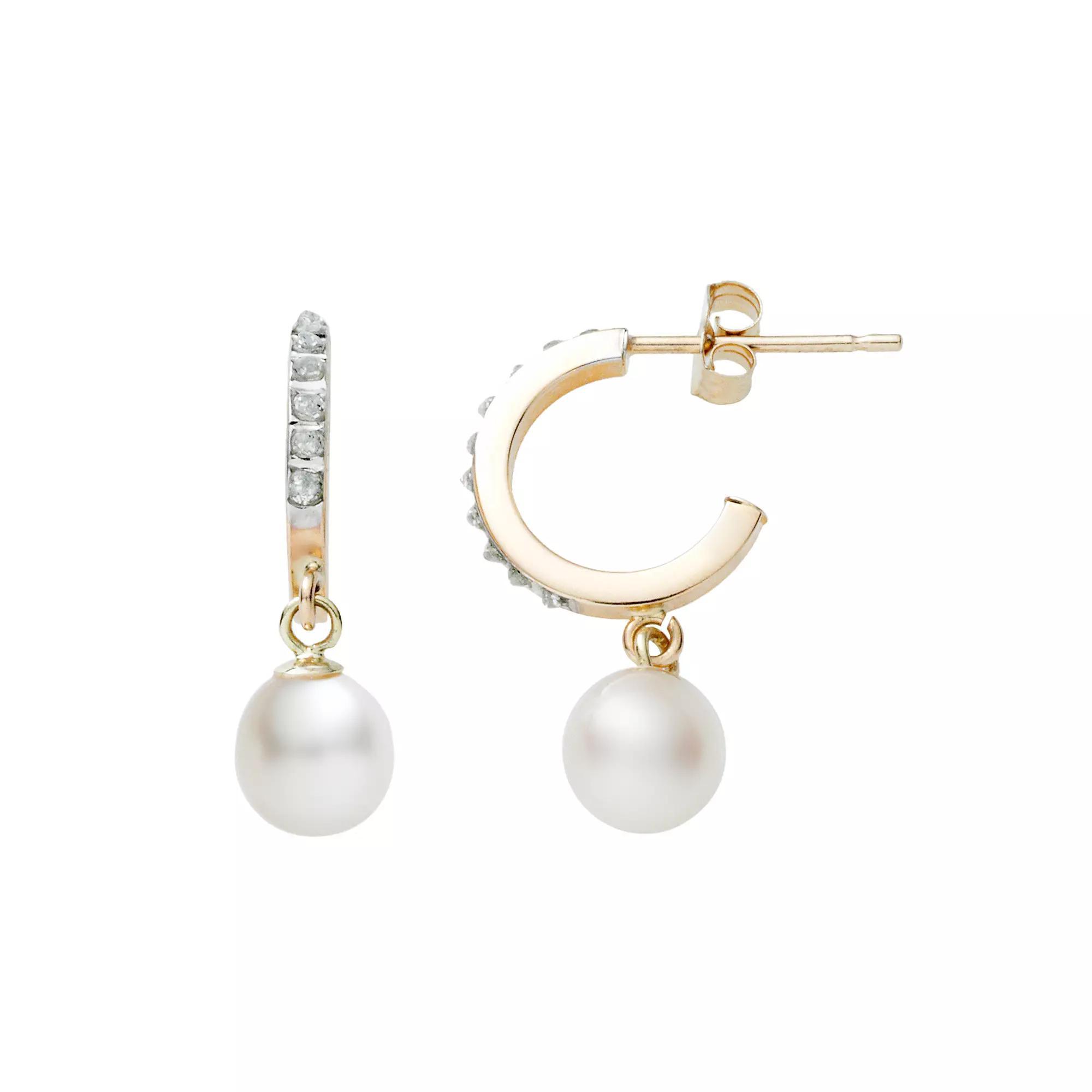 Diamond Fascination® 14k Gold Freshwater Cultured Pearl HoopEarrings, Women's Product Image