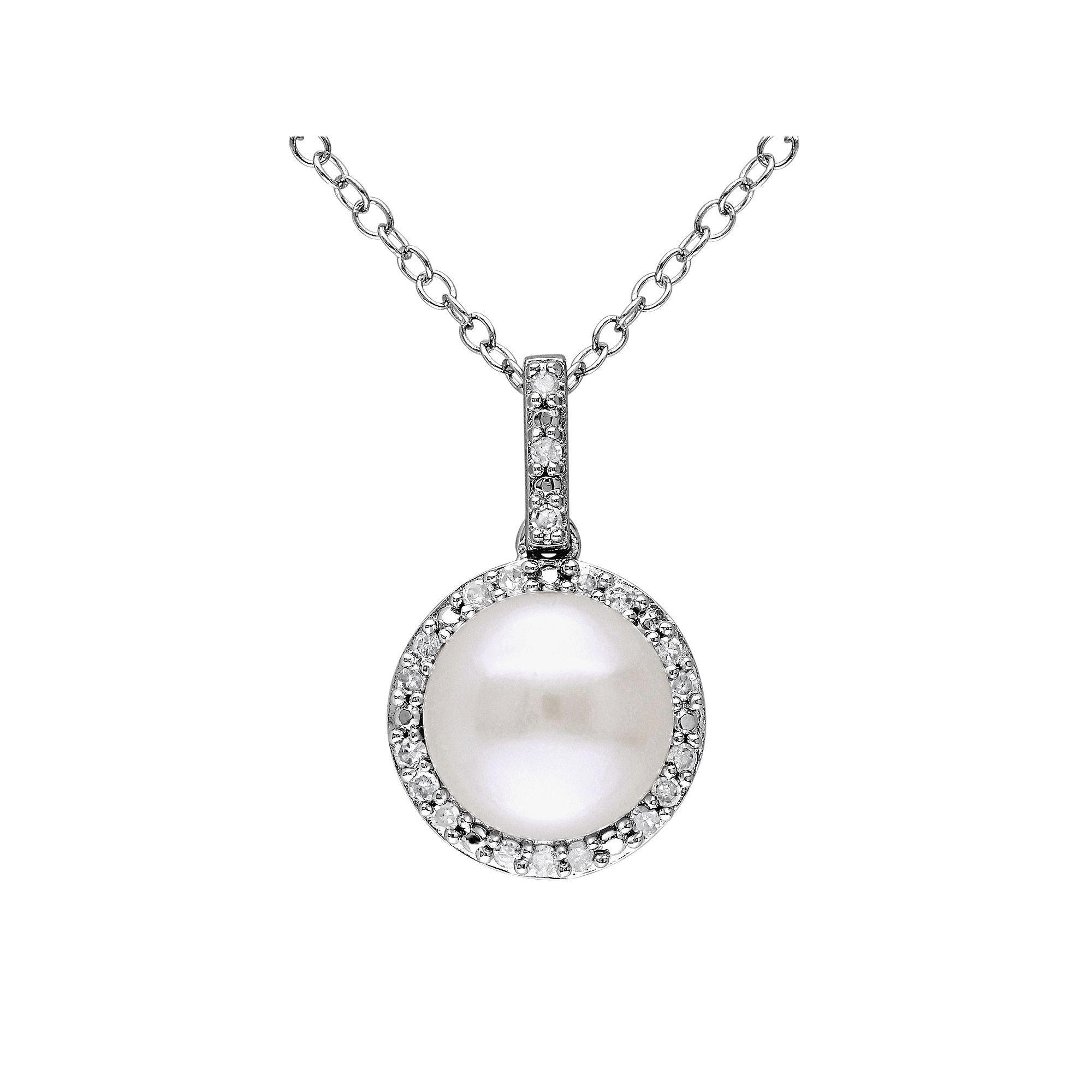 Stella Grace Freshwater Cultured Pearl & 1/10 Carat T.W. Diamond Sterling Silver Halo Pendant Necklace, Women's, Size: 18", White Product Image
