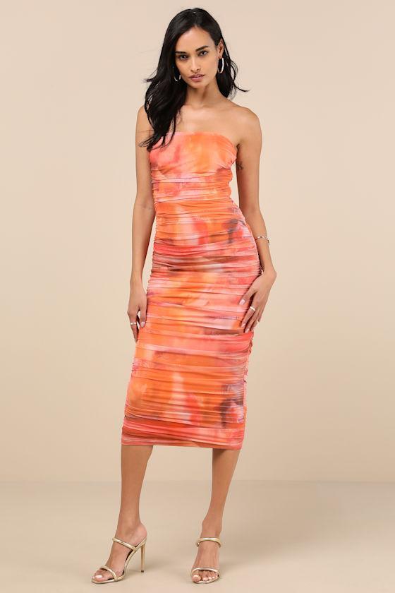 Vania Orange Abstract Mesh Ruched Strapless Midi Dress Product Image