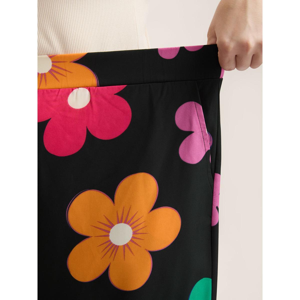 Plus Size Colorful Large Floral Print Wide-Leg Pants Women BlackFlower Elegant Wide Leg Mid Rise Everyday-Elegant Pants BloomChic 12/L Product Image