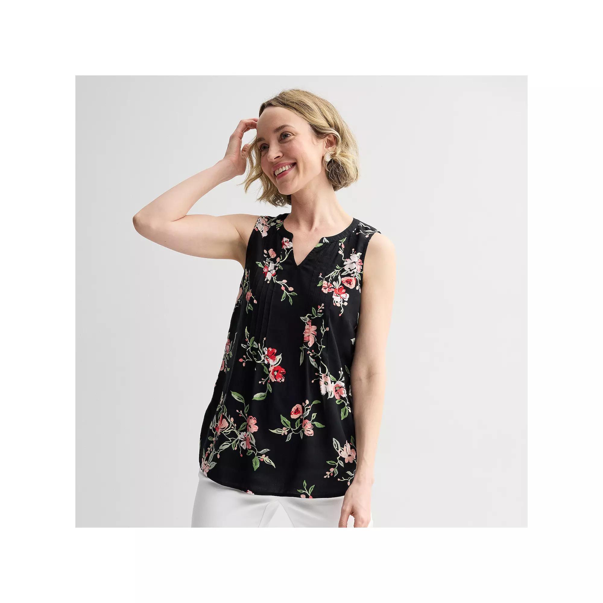 Women's Croft & Barrow® Pintuck Sleeveless Shell Top, Size: XL, Black Team Floral Product Image