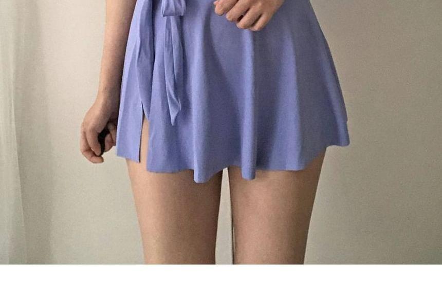 Set: Spaghetti Strap Plain Ruched Swimsuit + Cover Up Skirt Product Image