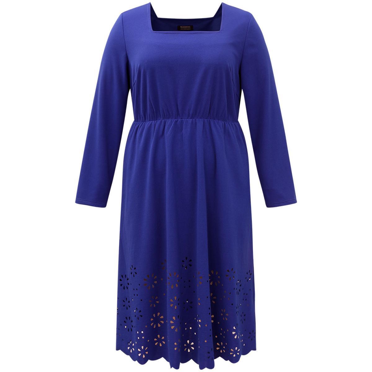 Plus Size Plain Laser Cut Gathered Square Neck Dress DarkBlue Women Elegant Plain Square Neck Long Sleeve Curvy Midi Dress BloomChic 14-16/1X Product Image
