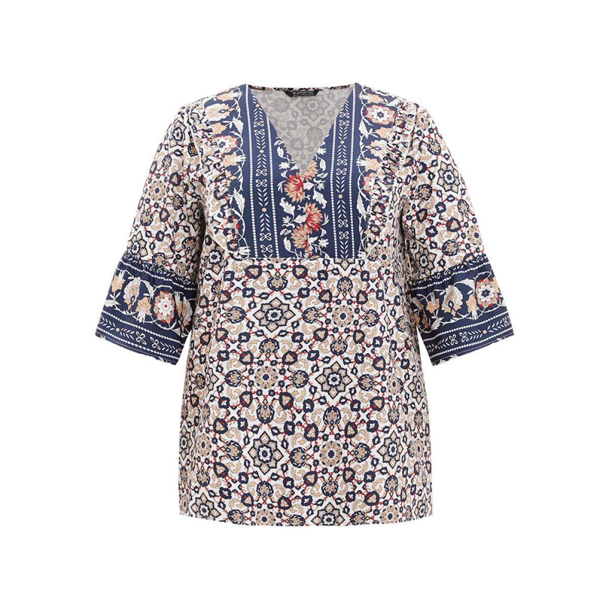 Plus Size Indigo Bandana High Low Hem Bell Sleeve Blouse Women Vacation Elbow-length sleeve V-neck Dailywear Blouses BloomChic 28/5X Product Image