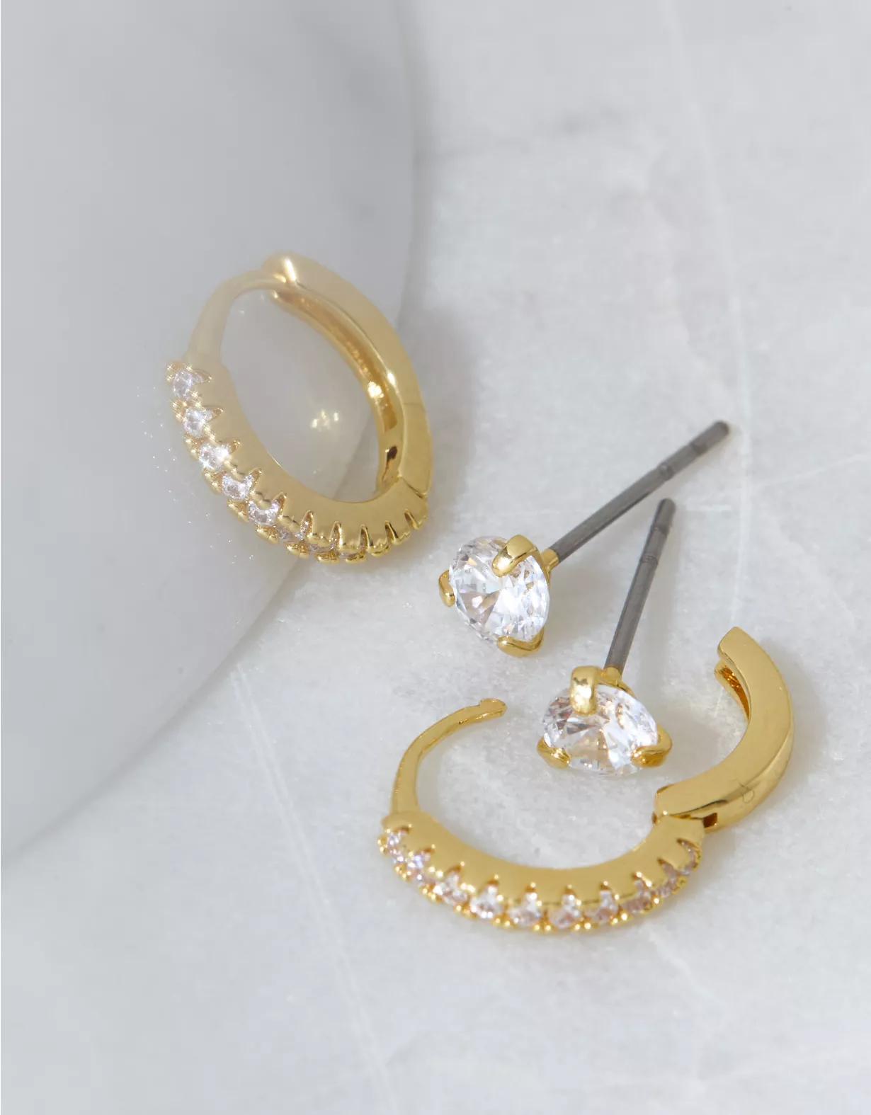 AEO Keepers Collection 14K Gold-Plated Stud & Pavé Hoop Earrings 2-Pack Product Image