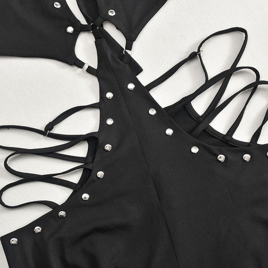 Halter Plain Studded Cutout Flared Jumpsuit Product Image