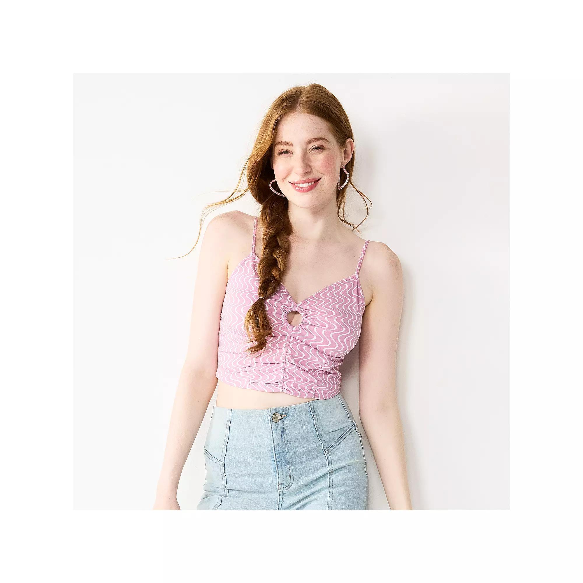 Juniors' SO® Cropped Keyhole Tank Top, Girl's, Size: XL, Pink Wave Print Product Image