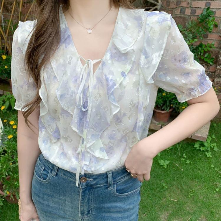 Short-Sleeve V-Neck Patterned Print Ruffle Blouse Product Image