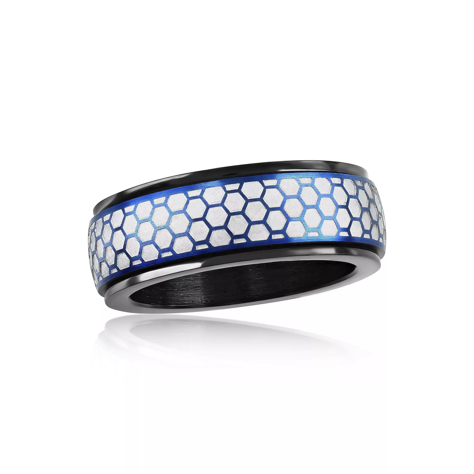 Mens Metallo Black-Plated Stainless Steel Honeycomb Spinner Ring Blue Stainless Product Image