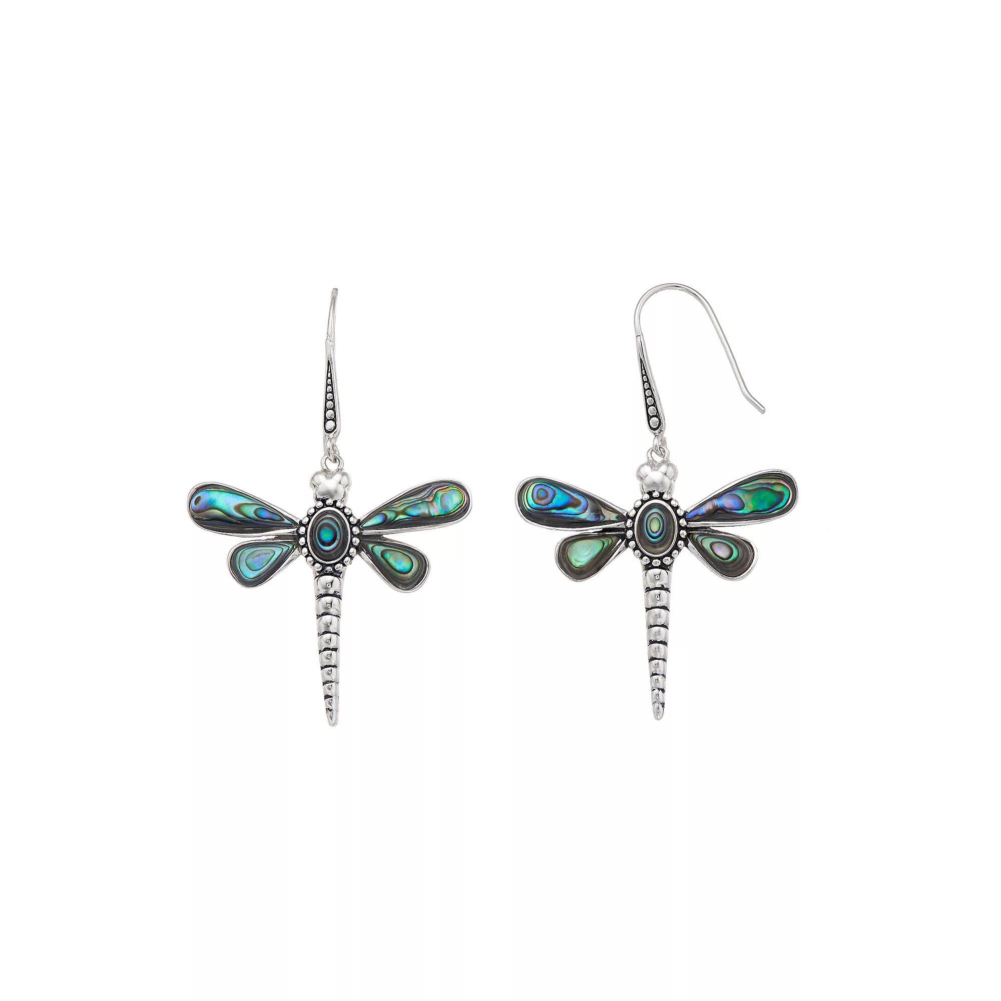Sterling Silver Abalone Dragonfly Drop Earrings, Women's Product Image