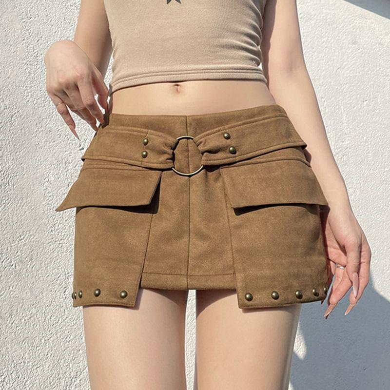 Mid Waist Plain Studded Faux Suede Mini Pencil Cargo Skirt Product Image