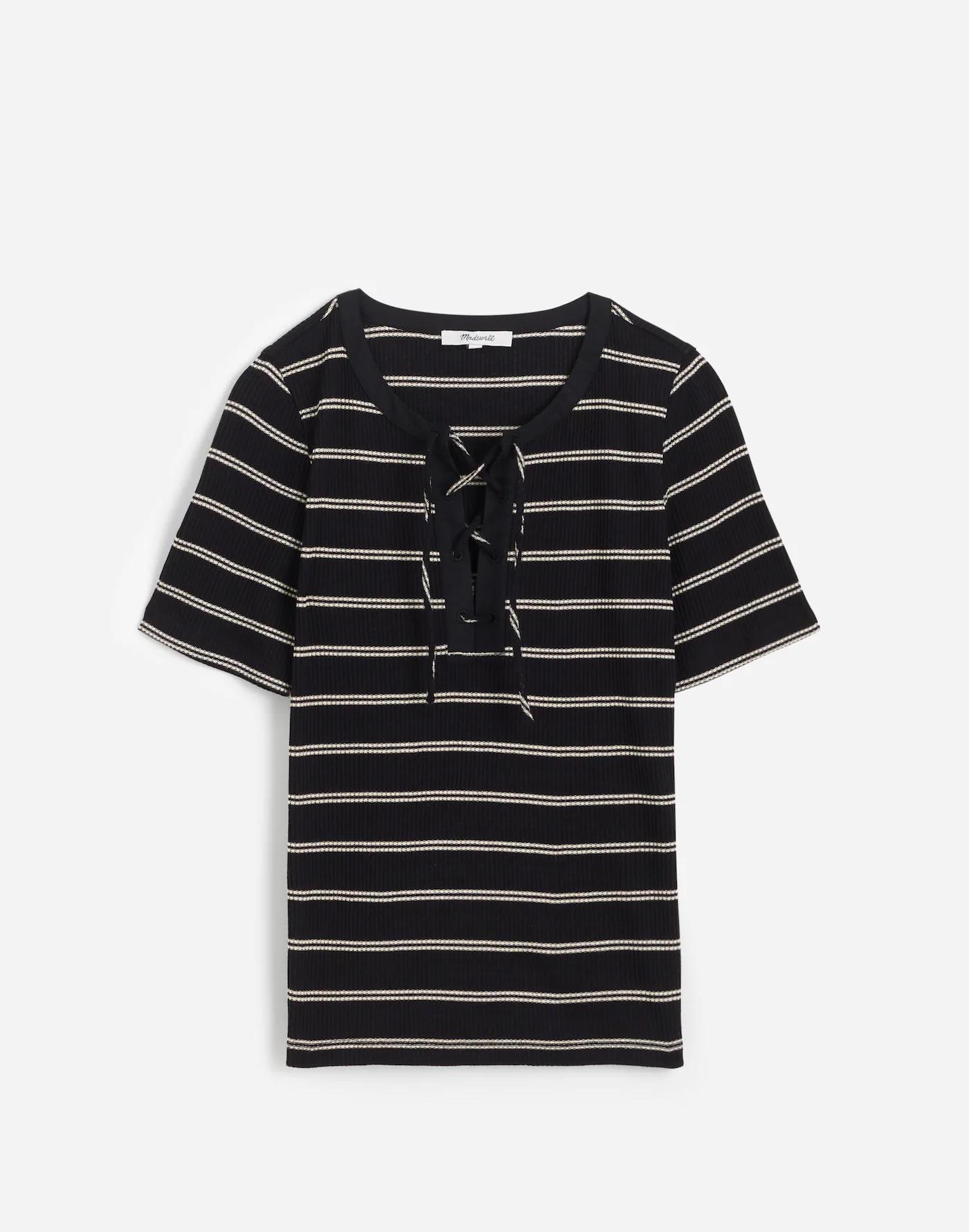 Ribbed Lace-Up Short-Sleeve Tee Product Image