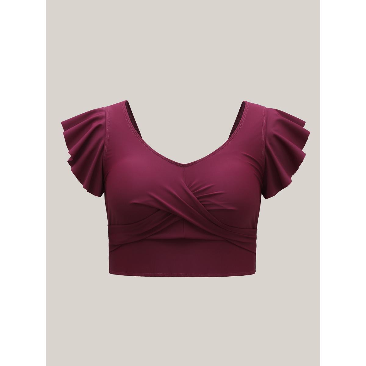 Plus Size Twist-Front Flutter Sleeve Swim Top Women's Swimwear Plum Beach High stretch Skinny U-neck Curve Swim Tops BloomChic 18-20/2X Product Image