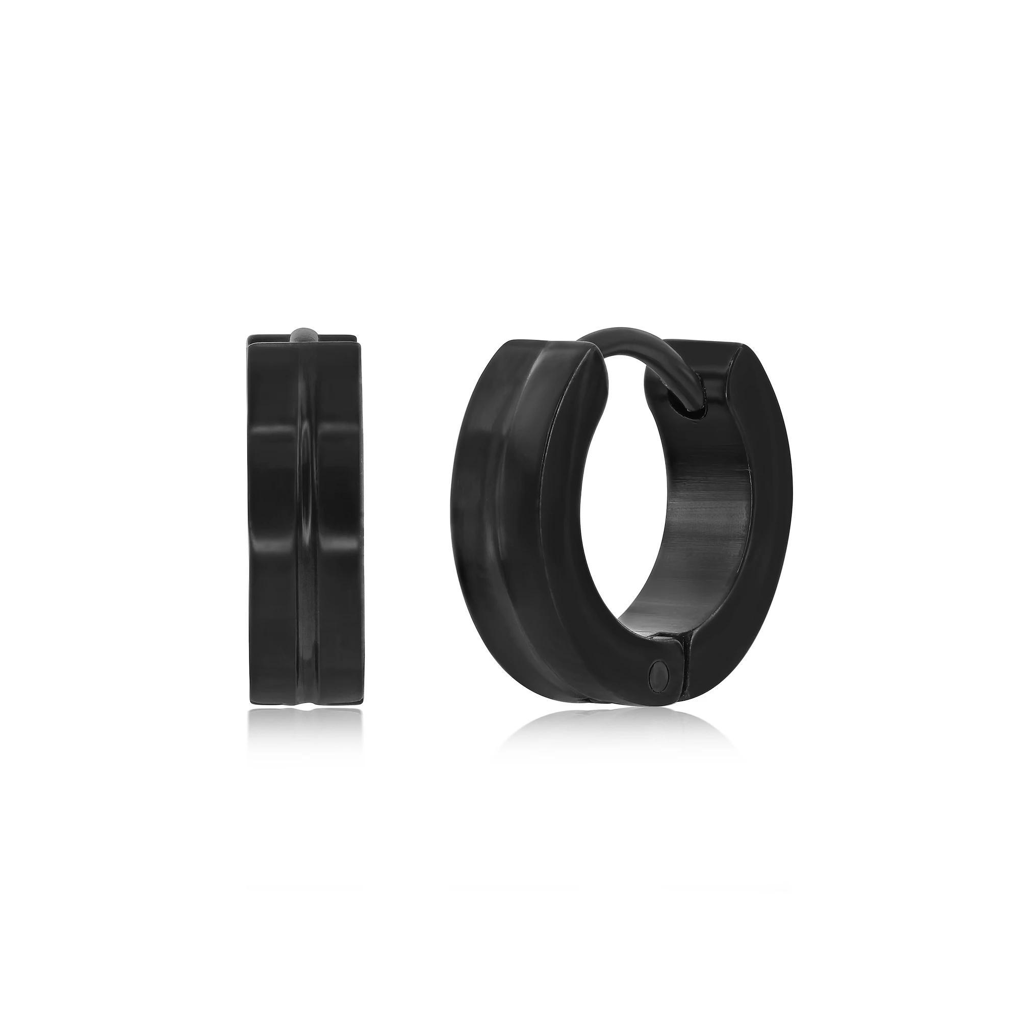 Metallo Stainless Steel Lined Huggie Hoop Earrings, Men's, Black Product Image