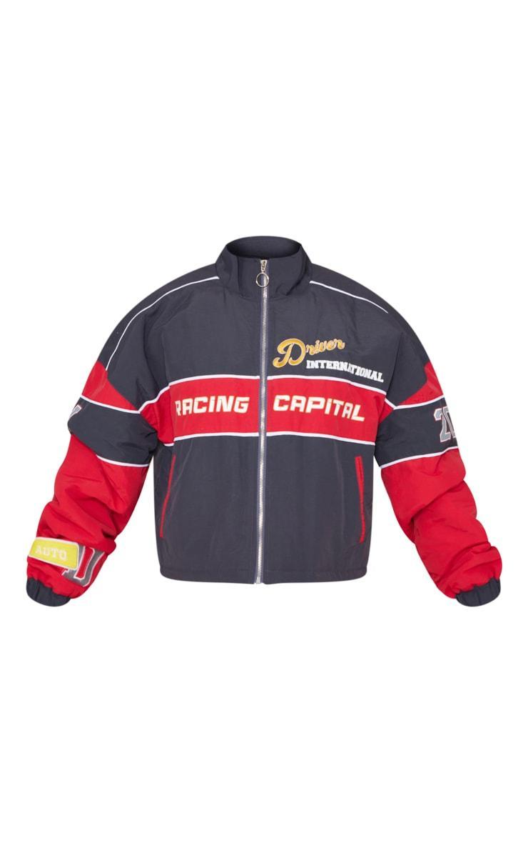 Red Oversized Graphic Zipped Racer Bomber Jacket Product Image