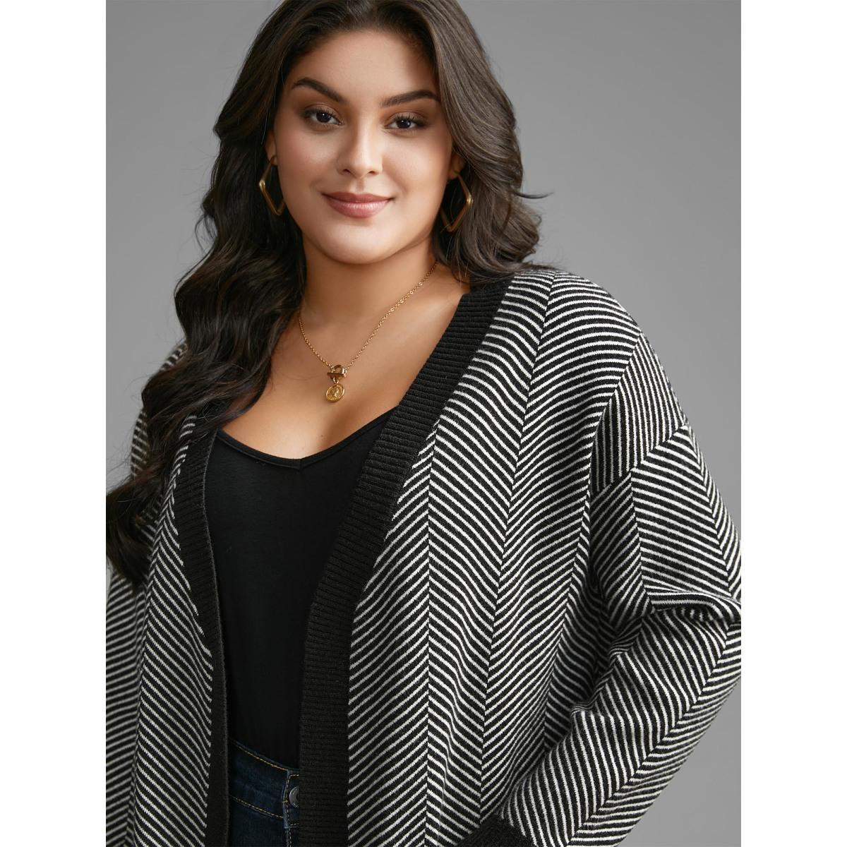 Plus Size Supersoft Essentials Striped Patch Pocket Cardigan Black Women Casual Loose Long Sleeve Everyday Cardigans BloomChic 10/M Product Image