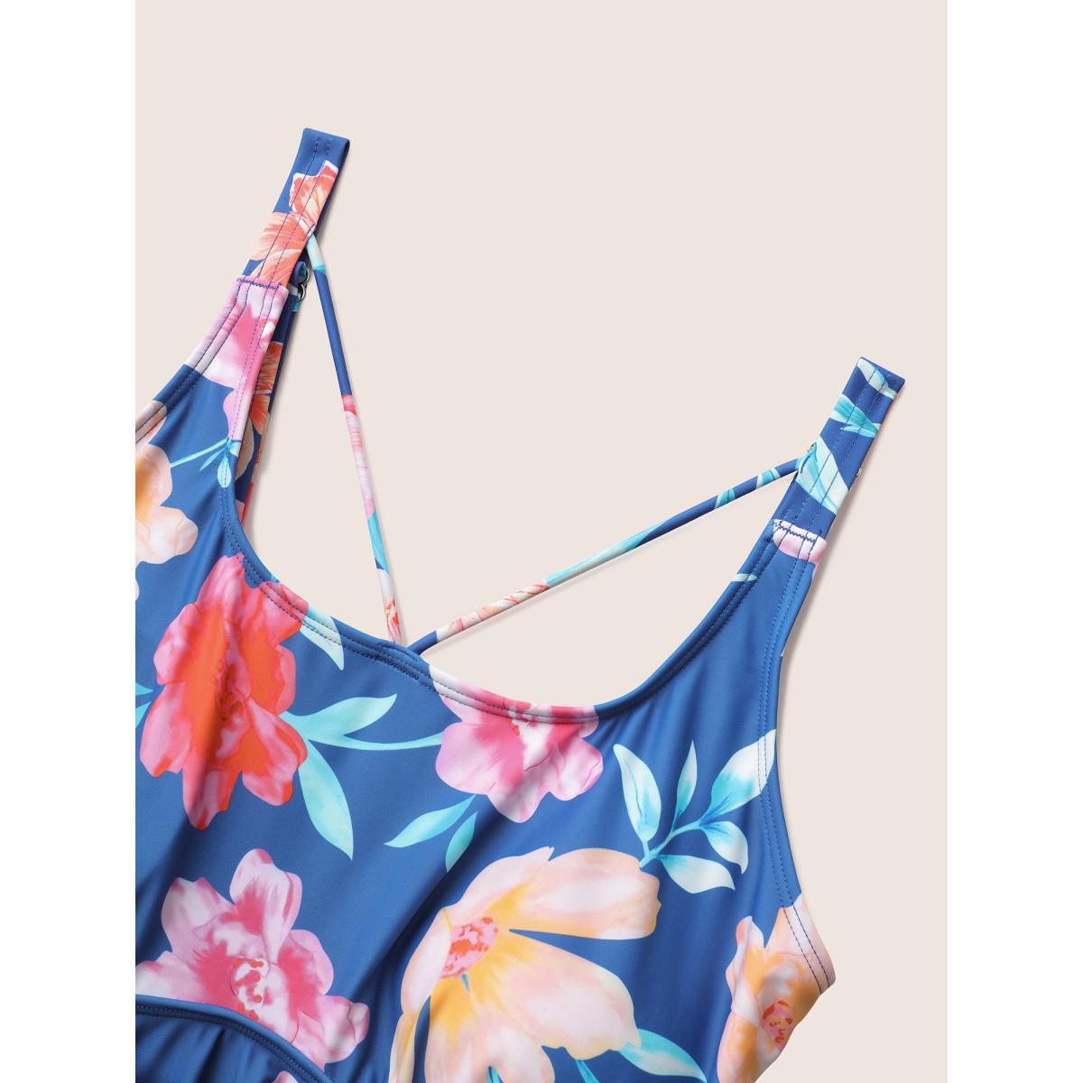 Plus Size Floral Ruffle Hem Adjustable Straps One Piece Swimsuit Women's Swimwear Cerulean Beach Non Curve Bathing Suits High stretch One Pieces BloomChic 26/4X Product Image